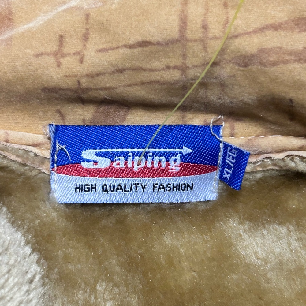 Saiping Faux Shearling Lined Jacket Tan Zip Up Retro Geometric Print Coat XL - Picture 3 of 6